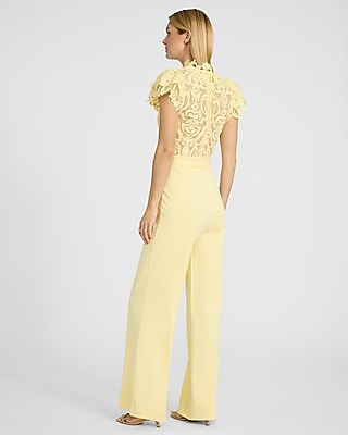 Lace Mock Neck Flutter Sleeve Tie Waist Wide Leg Jumpsuit