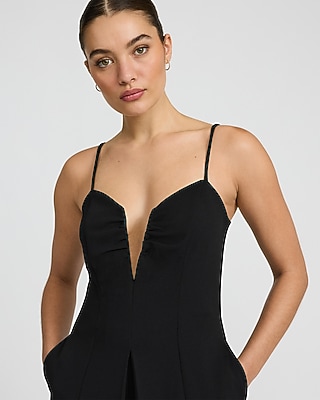 Crepe Deep V-Wire Pleated Wide Leg Jumpsuit with Pockets