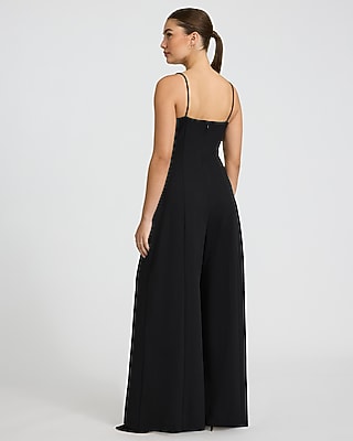 Crepe Deep V-Wire Pleated Wide Leg Jumpsuit with Pockets