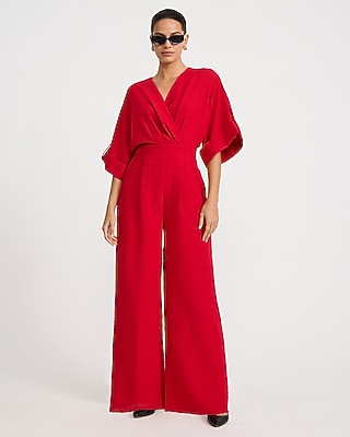 V-Neck Pleated Wide Leg Jumpsuit with Pockets