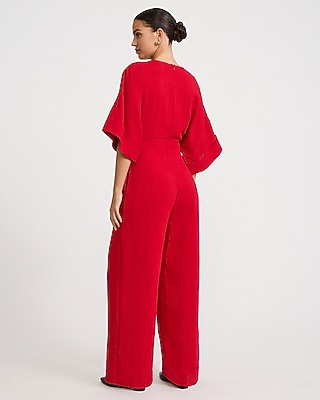 V-Neck Pleated Wide Leg Jumpsuit with Pockets