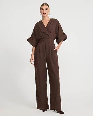 V-Neck Pleated Wide Leg Jumpsuit with Pockets