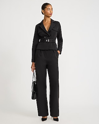 Crepe Long Sleeve Belted Wide Leg Tailored Jumpsuit with Pockets - thumbnail 4