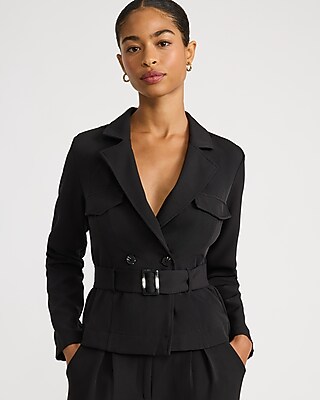 Crepe Long Sleeve Belted Wide Leg Tailored Jumpsuit with Pockets - thumbnail 5