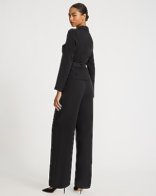 Crepe Long Sleeve Belted Wide Leg Tailored Jumpsuit with Pockets - thumbnail 6