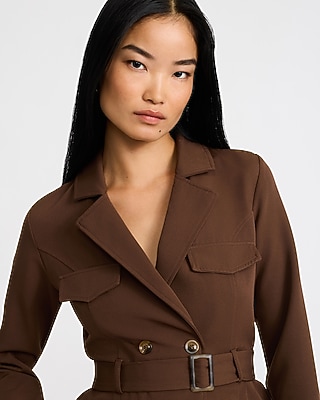 Crepe Long Sleeve Belted Wide Leg Tailored Jumpsuit with Pockets