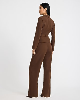 Crepe Long Sleeve Belted Wide Leg Tailored Jumpsuit with Pockets