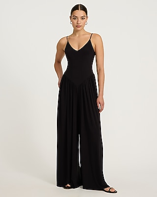 Knit V-Neck Sleeveless Drop Waist Jumpsuit with Pockets