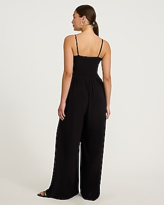 Knit V-Neck Sleeveless Drop Waist Jumpsuit with Pockets