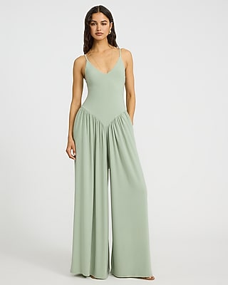 Knit V-Neck Sleeveless Drop Waist Jumpsuit with Pockets