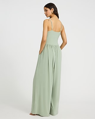 Knit V-Neck Sleeveless Drop Waist Jumpsuit with Pockets