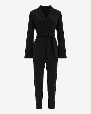 Crepe V-Neck Belted Tapered Leg Blazer Jumpsuit with Pockets
