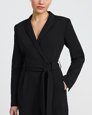 Crepe V-Neck Belted Tapered Leg Blazer Jumpsuit with Pockets