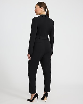 Crepe V-Neck Belted Tapered Leg Blazer Jumpsuit with Pockets