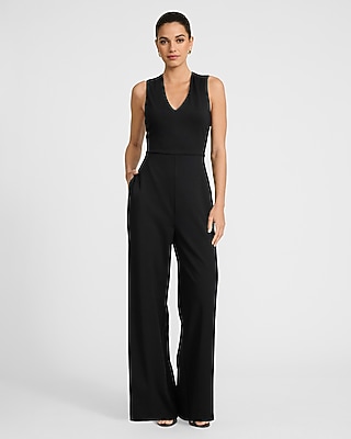 V-neck Sleeveless Surplice Belted Wide Leg Jumpsuit | Express