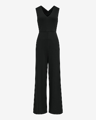 Signature Ponte V-Neck Cross Back Wide Leg Jumpsuit with Pockets
