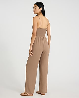 V-Bar Sleeveless Smocked Back Wide Leg Jumpsuit