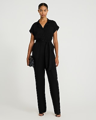 Linen-Blend Collared Short Sleeve Tie Waist Utility Jumpsuit - thumbnail 3