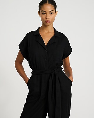 Linen-Blend Collared Short Sleeve Tie Waist Utility Jumpsuit - thumbnail 4