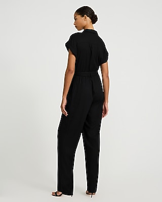 Linen-Blend Collared Short Sleeve Tie Waist Utility Jumpsuit - thumbnail 5