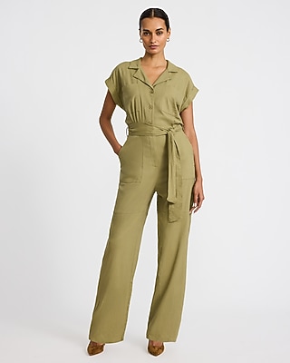 Linen-Blend Collared Short Sleeve Tie Waist Utility Jumpsuit