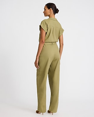 Linen-Blend Collared Short Sleeve Tie Waist Utility Jumpsuit - thumbnail 2