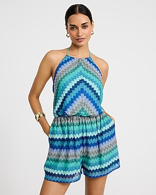 Chevron Crochet Tie Halter Romper with Pockets