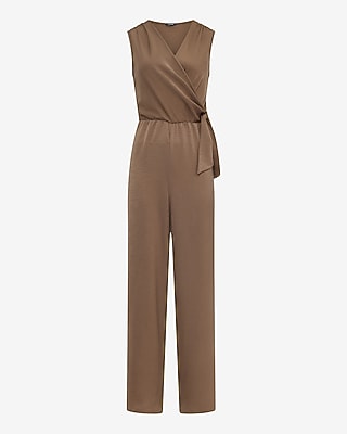 V-Neck Tie Waist Metallic Wide Leg Jumpsuit