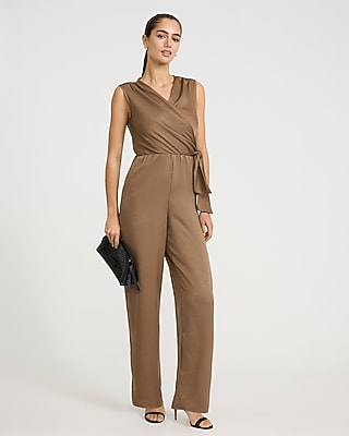 V-Neck Tie Waist Metallic Wide Leg Jumpsuit