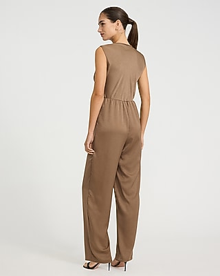 V-Neck Tie Waist Metallic Wide Leg Jumpsuit