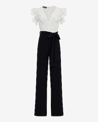 EXPRESS x bebe Lace Color Block V-Neck Belted Wide Leg Jumpsuit