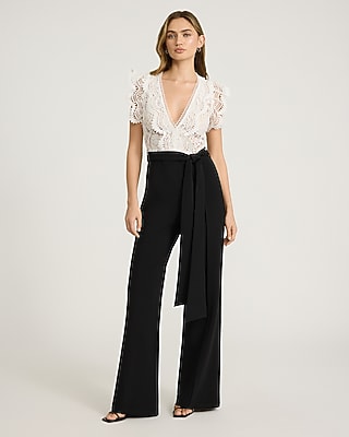 EXPRESS x bebe Lace Color Block V-Neck Belted Wide Leg Jumpsuit