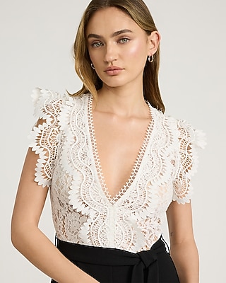 EXPRESS x bebe Lace Color Block V-Neck Belted Wide Leg Jumpsuit