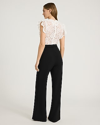 EXPRESS x bebe Lace Color Block V-Neck Belted Wide Leg Jumpsuit