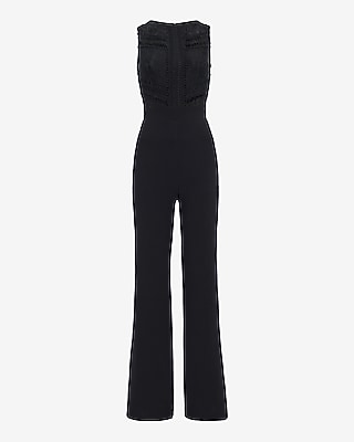 EXPRESS x bebe Lace Pieced Crew Neck Wide Leg Jumpsuit
