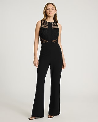 EXPRESS x bebe Lace Pieced Crew Neck Wide Leg Jumpsuit