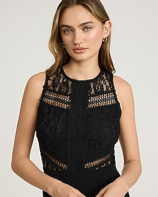 EXPRESS x bebe Lace Pieced Crew Neck Wide Leg Jumpsuit