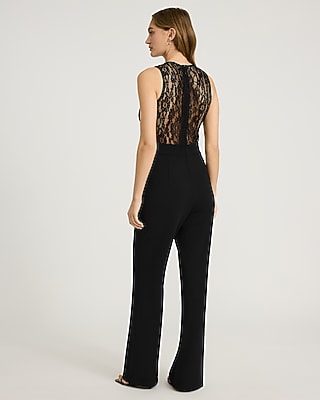 EXPRESS x bebe Lace Pieced Crew Neck Wide Leg Jumpsuit