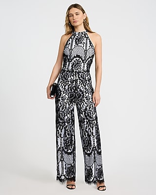 EXPRESS x bebe Lace Color Block Halter Jumpsuit