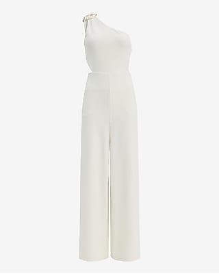 Crepe One Shoulder Gold Hardware Cutout Jumpsuit with Pockets