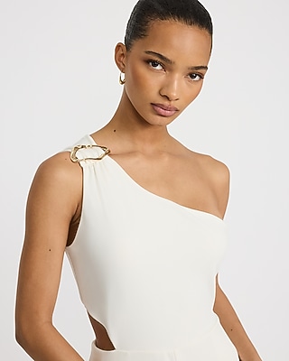 Crepe One Shoulder Gold Hardware Cutout Jumpsuit with Pockets