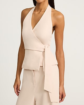 Crepe Halter Wrap Tie Waist Wide Leg Jumpsuit
