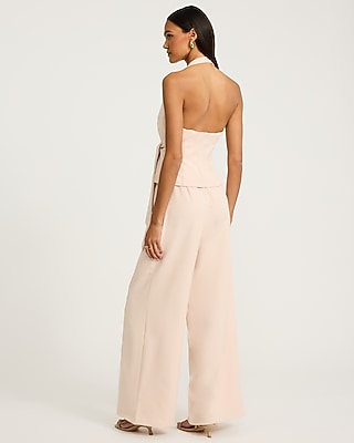 Crepe Halter Wrap Tie Waist Wide Leg Jumpsuit