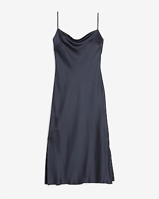 satin cowl back midi slip dress