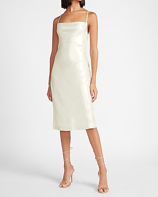 satin cowl back midi slip dress