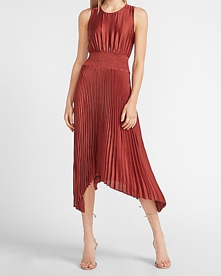 pleated high neck midi dress with embroidery