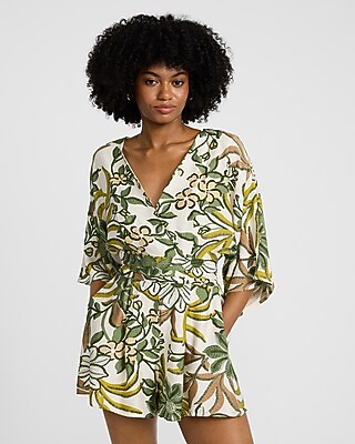 Floral V-Neck Elbow Sleeve Surplice Romper