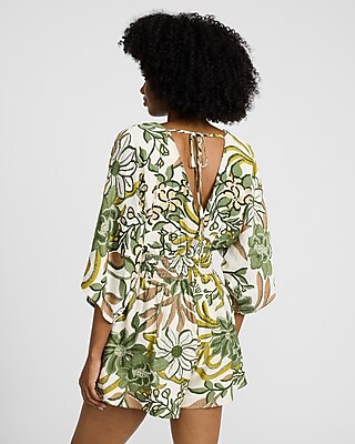 Floral V-Neck Elbow Sleeve Surplice Romper
