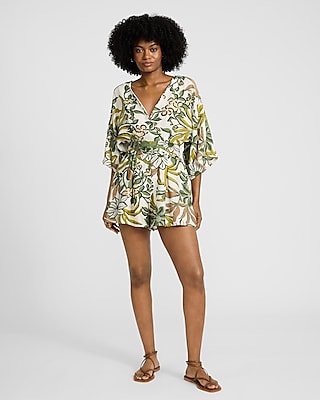 Floral V-Neck Elbow Sleeve Surplice Romper