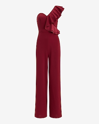One Shoulder Sweetheart Ruffle Wide Leg Jumpsuit